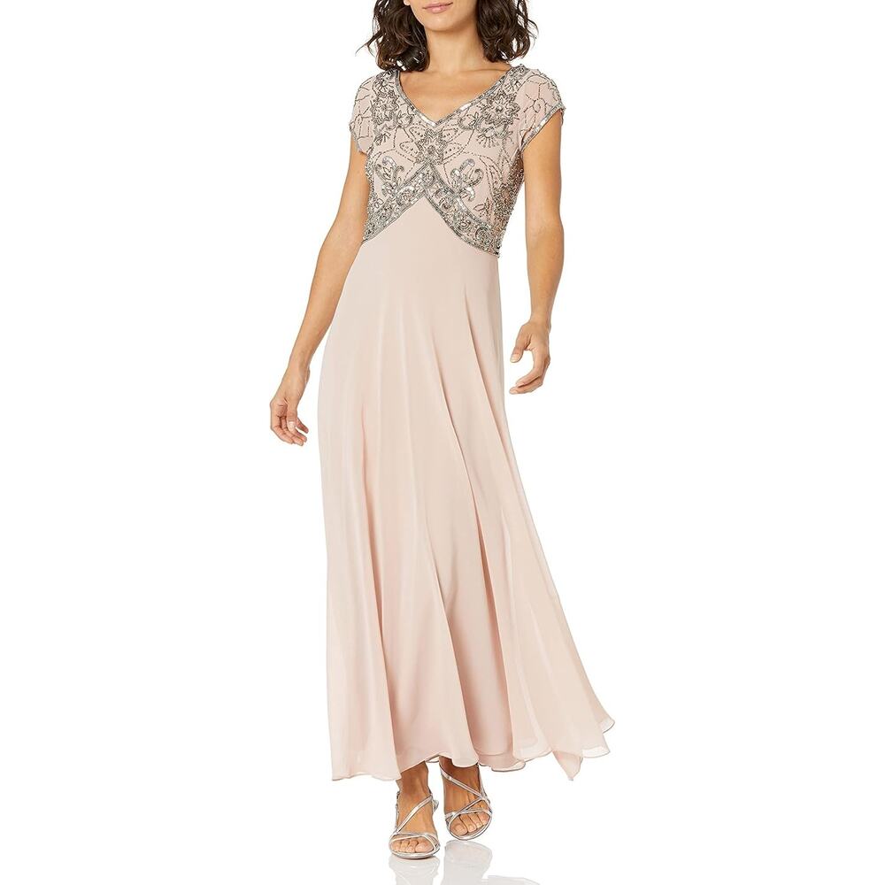 J KARA Dress, Sequin & Bead Bodice, Flowy Chiffon Botton, Extra Beads, New, Sz S